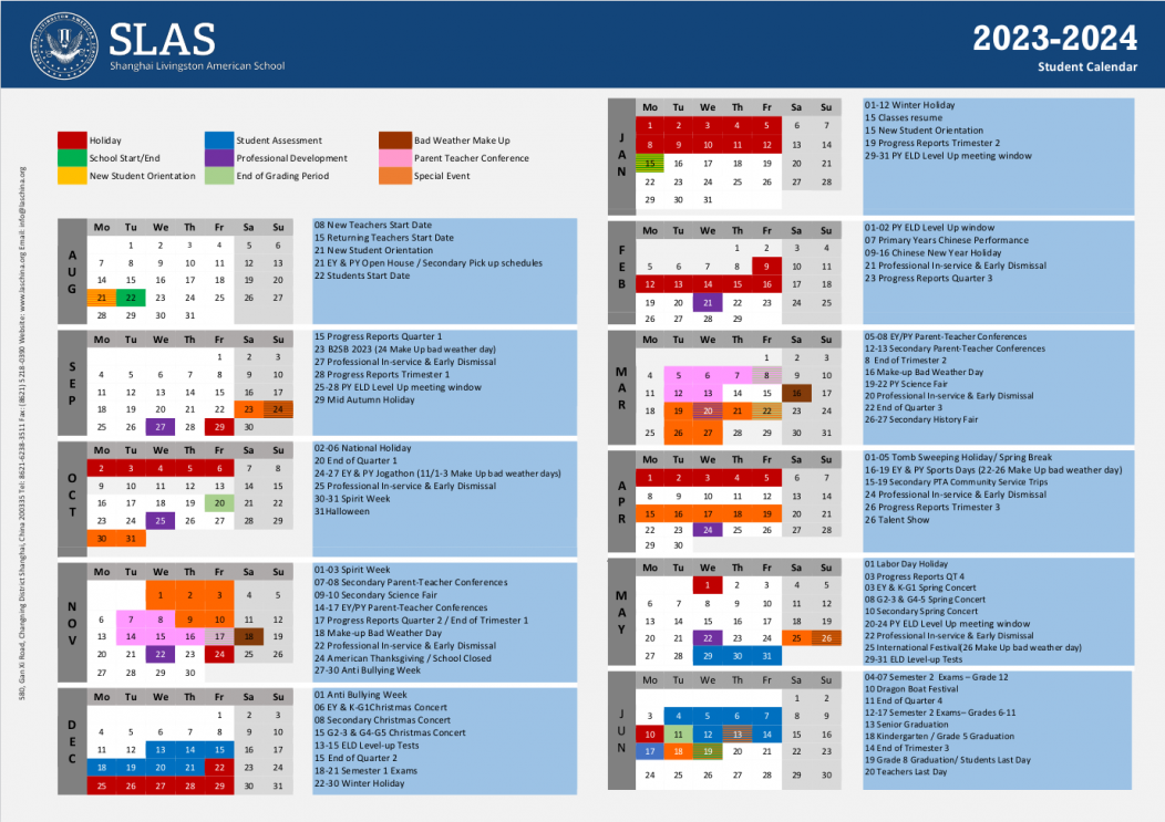 School Calendar Shanghai Livingston American School
